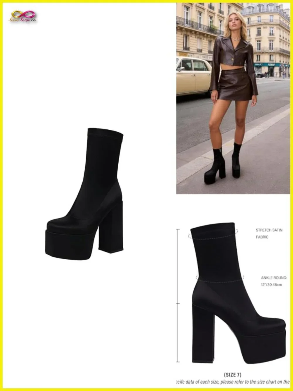 Platform Ankle Boots High Chunky Heel Mid-Calf Boots Satin Fabric Zip Closure